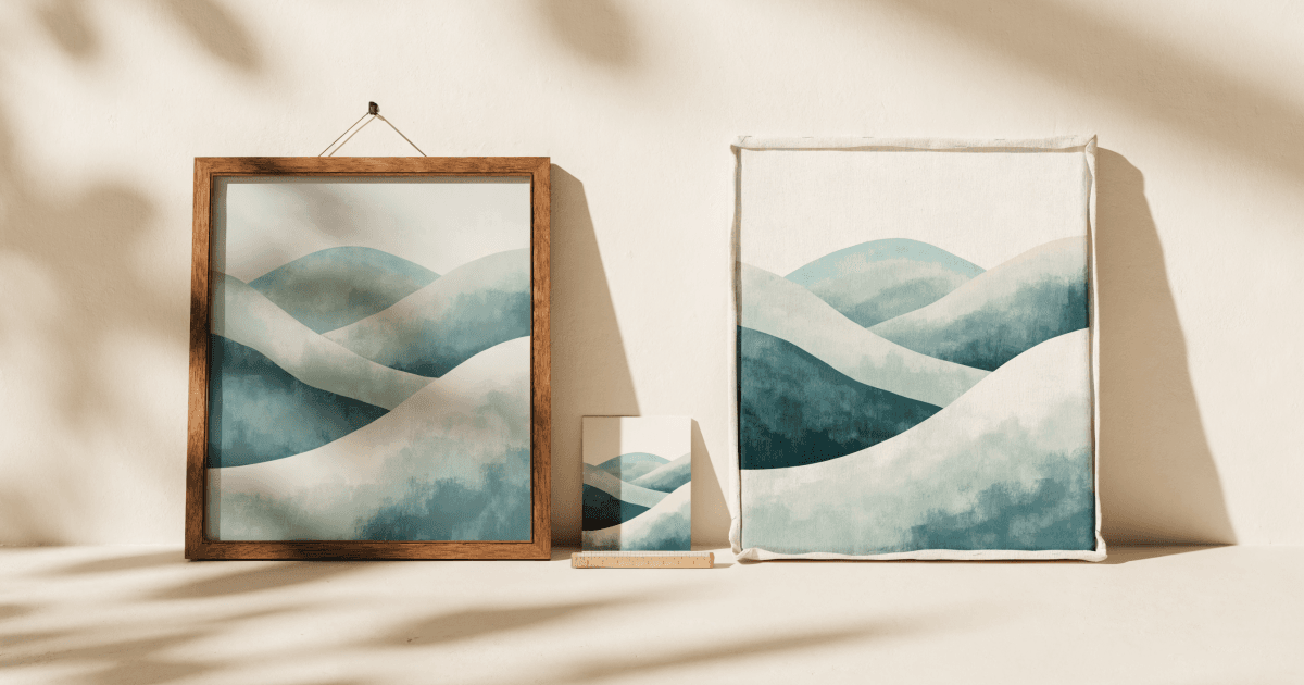 A wooden-framed art print and a frameless stretched canvas side-by-side on a cream wall, separated by a small paper sample and measuring stick.