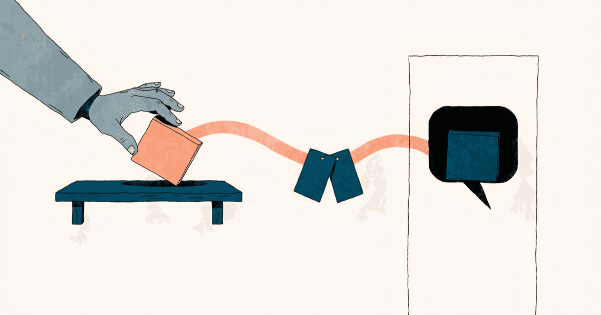 A stylized illustration showing a hand placing a product box on a shelf, with a light path flowing past two hanging tags into a speech bubble opening in a wall.