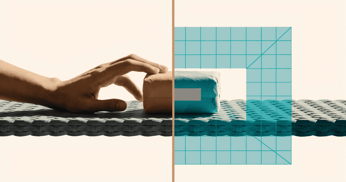 Split composition showing a human hand touching a clay parcel on the left, contrasted with a teal digital grid overlay distorting the same parcel on the right.