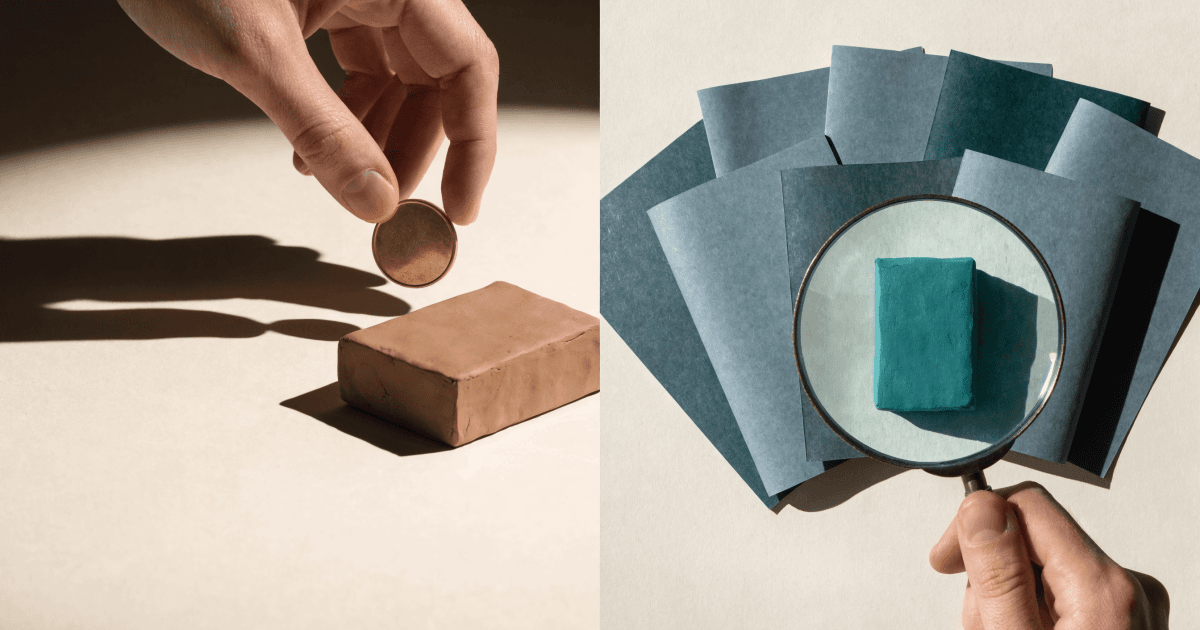 Split scene showing a hand dropping a coin on a clay parcel versus a hand using a magnifying glass on a teal parcel among documents.