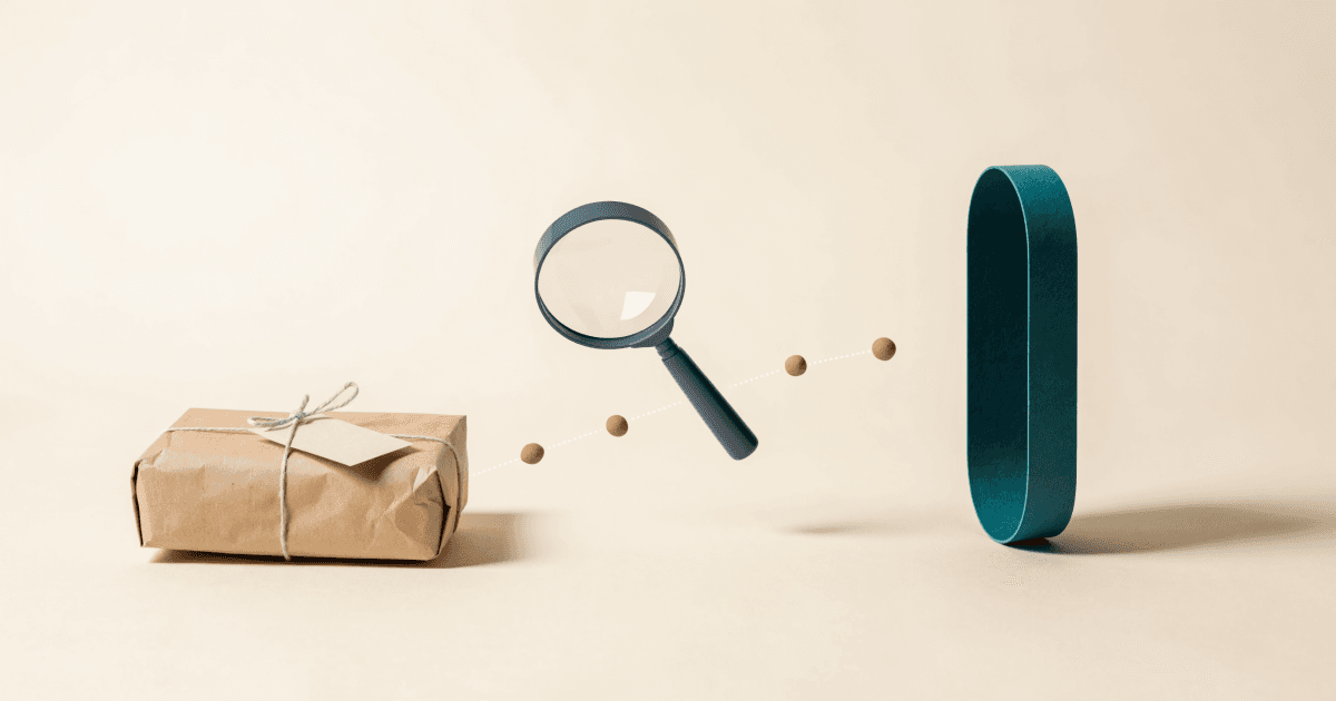 A studio photograph showing a brown paper parcel moving along a dotted path past a floating magnifying glass toward a deep teal rounded portal on a cream background.