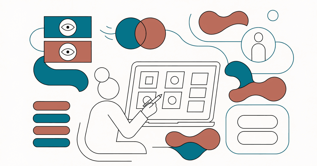 Line-art illustration of a person reviewing a laptop surrounded by abstract interface shapes on a white background.