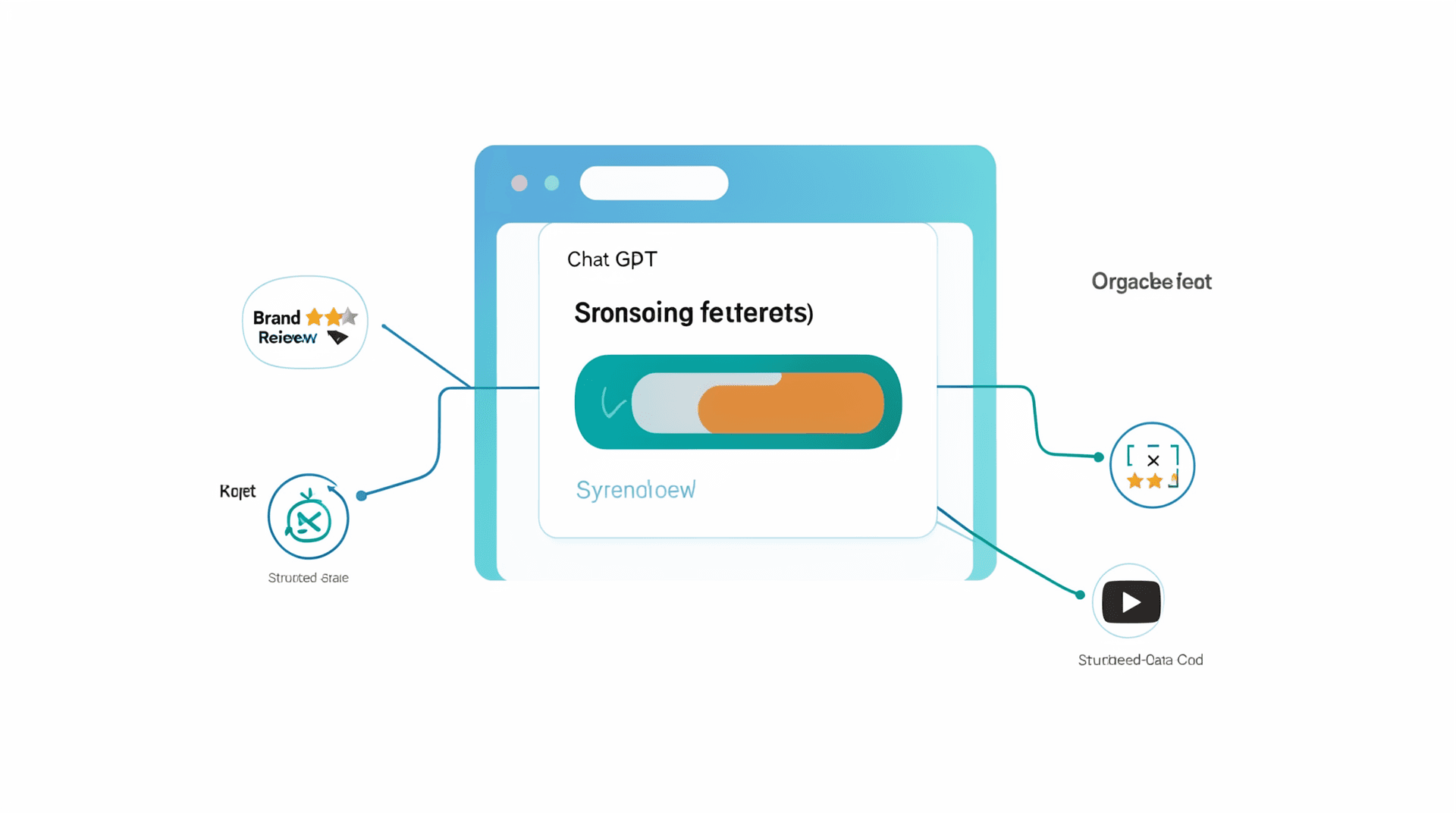 A single highlighted sponsored product slot inside a ChatGPT answer, connected by thin lines to organic-signal icons: a brand mention, a five-star review, structured-data brackets, and a YouTube play button.