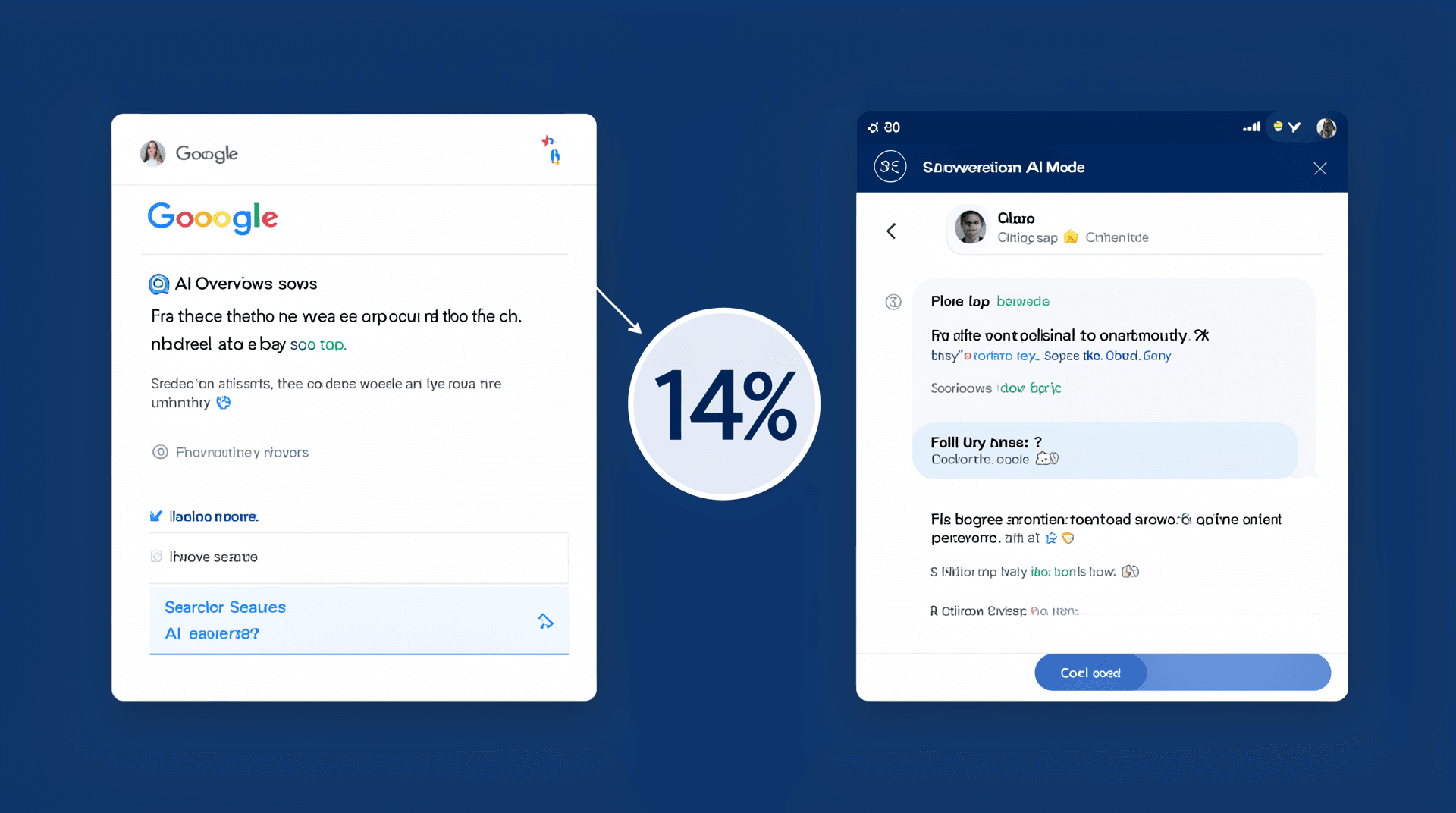 Google AI Mode conversational search interface showing multi-turn query results with cited sources, contrasted with traditional AI Overviews summary panel