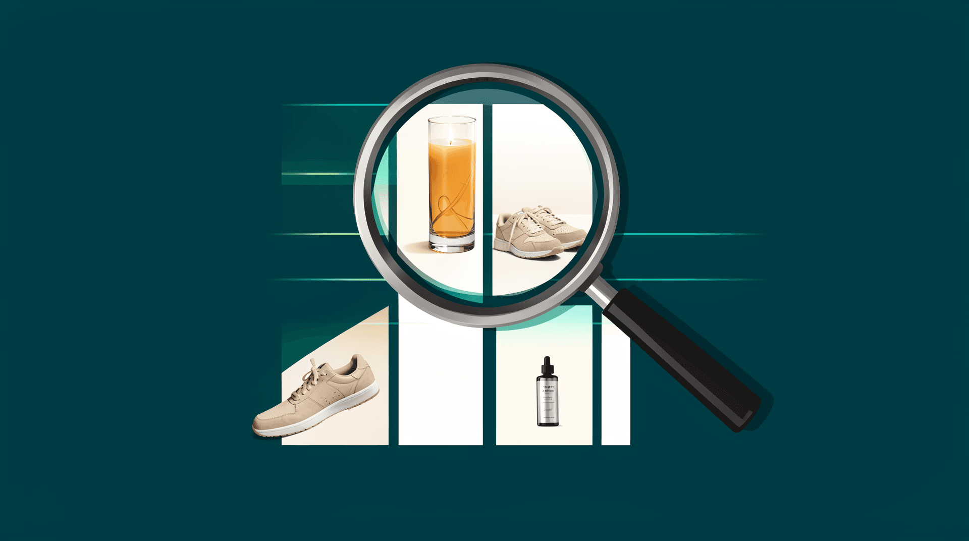 A magnifying glass hovering over ecommerce product photos while AI scanning lines read the images, symbolizing multimodal visual search
