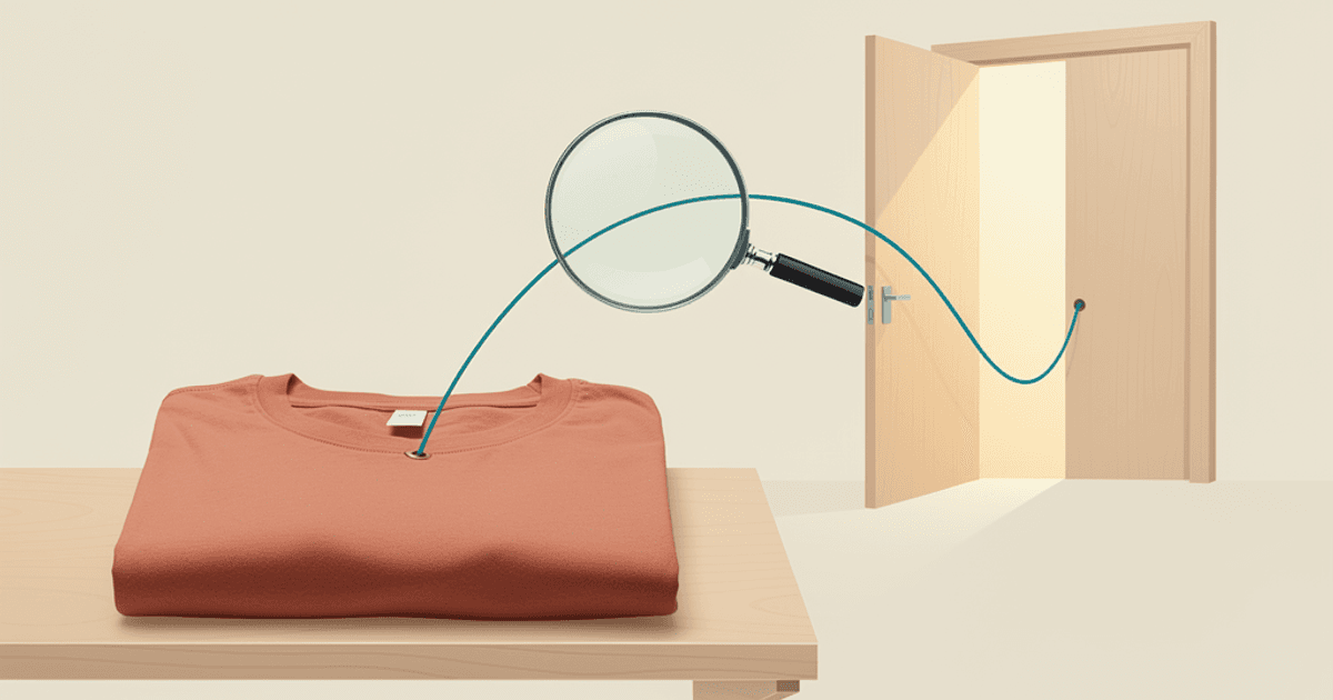 A folded clay-colored t-shirt sits on a wooden shelf while a teal thread connects it through a magnifying glass to an open wooden door.