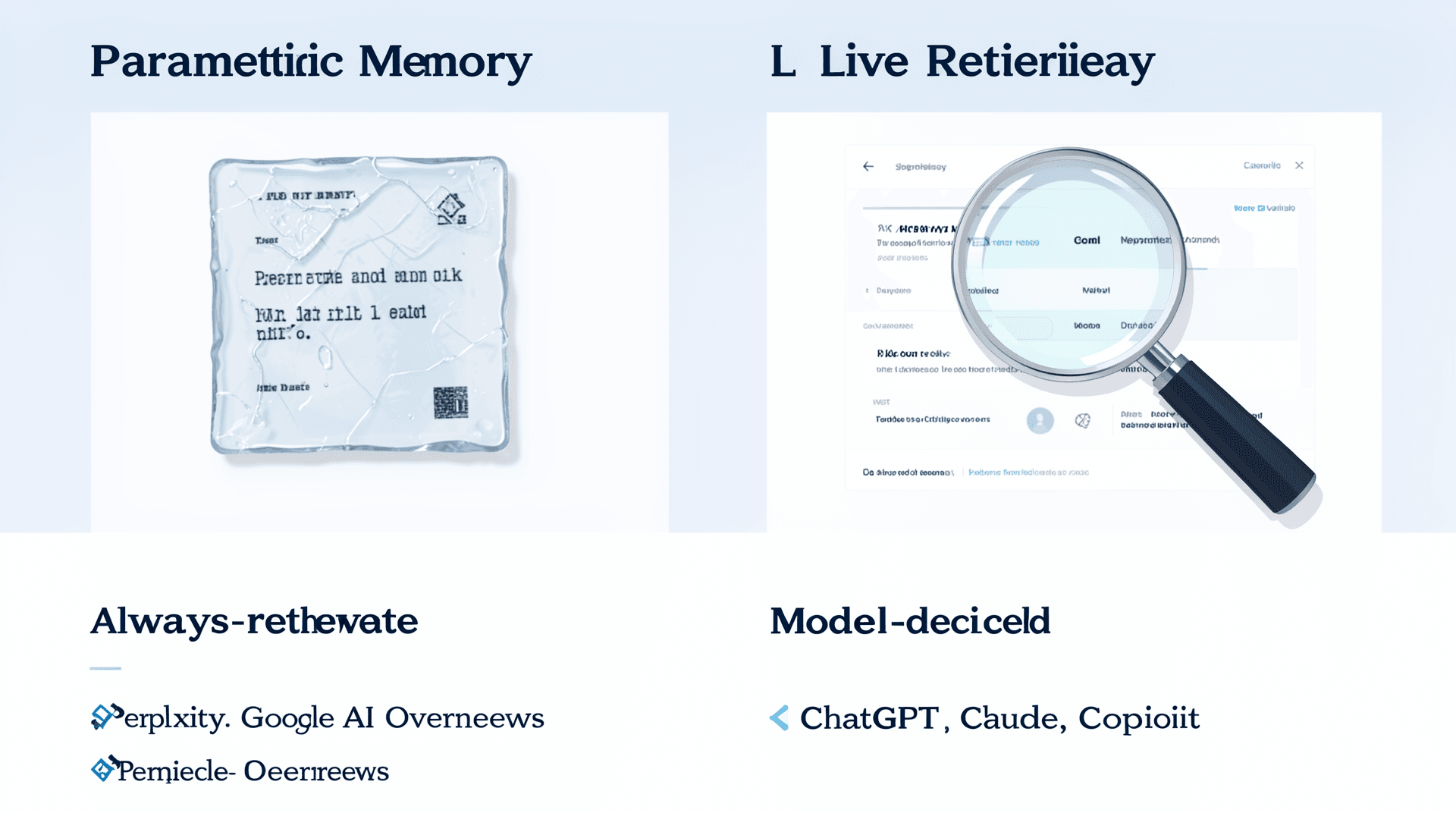 Two AI memory systems: parametric memory (frozen training data) versus live retrieval, with AI platforms sorted into always-retrieve and model-decided groups