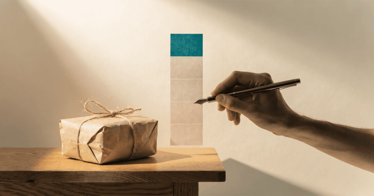A hand holding a fountain pen fills the top segment of a vertical paper meter card standing next to a wrapped product parcel on a wooden counter.