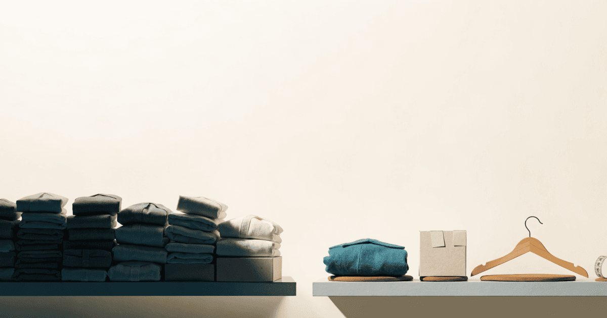 A split shelf display contrasting a chaotic pile of gray folded items on the left against four distinct, warmly lit products including a teal garment, cardboard box, wooden hanger, and measuring tape on the right.