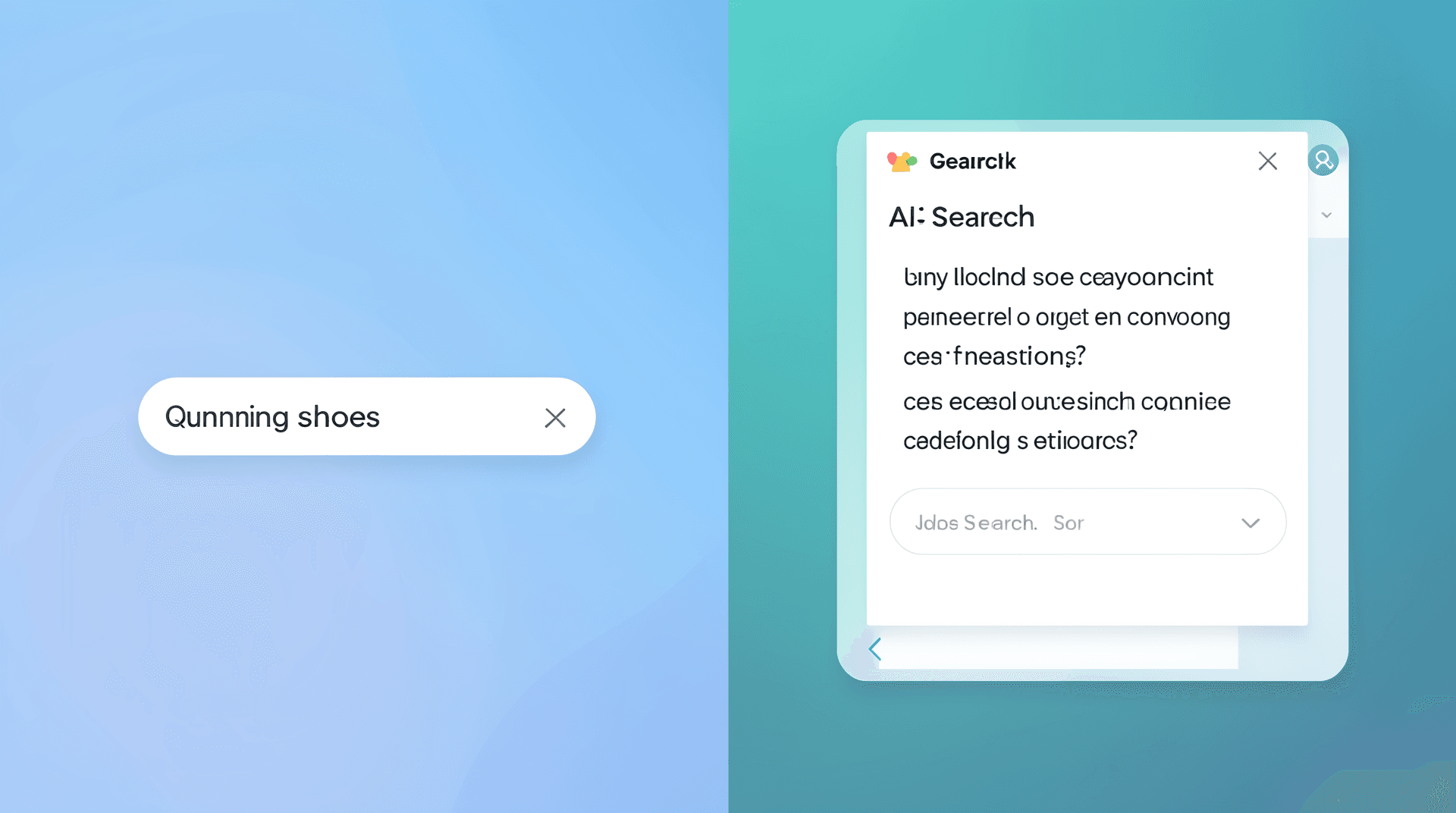 Comparison of a short keyword search query versus a long conversational AI search query on a smartphone screen, illustrating the shift from keyword SEO to question-based search