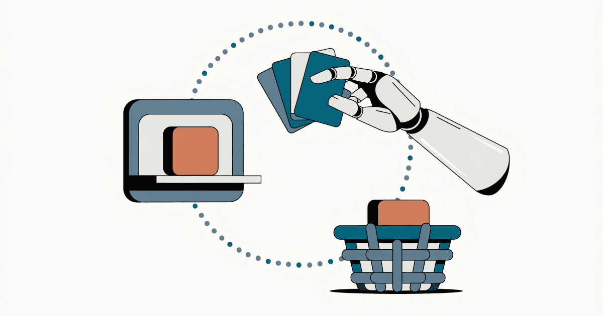 A stylized robotic hand selects a card from a browser window shelf and places a product parcel into a woven shopping basket along a dotted path.
