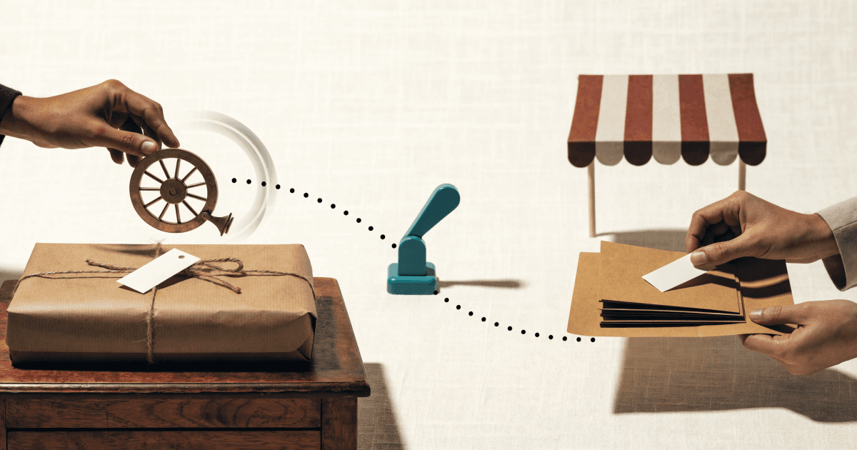 A hand turns a brass calendar wheel on a kraft parcel, moving along a dotted path past a teal lever switch to place a blank tag on feed cards near a miniature storefront awning.