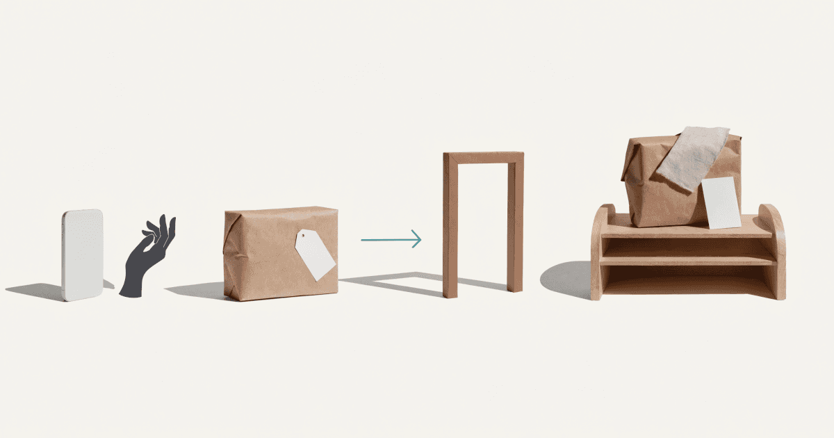 A minimalist editorial scene showing a smartphone and hand silhouette initiating a purchase, a kraft parcel moving through a doorway frame, and arriving on a wooden shelf.